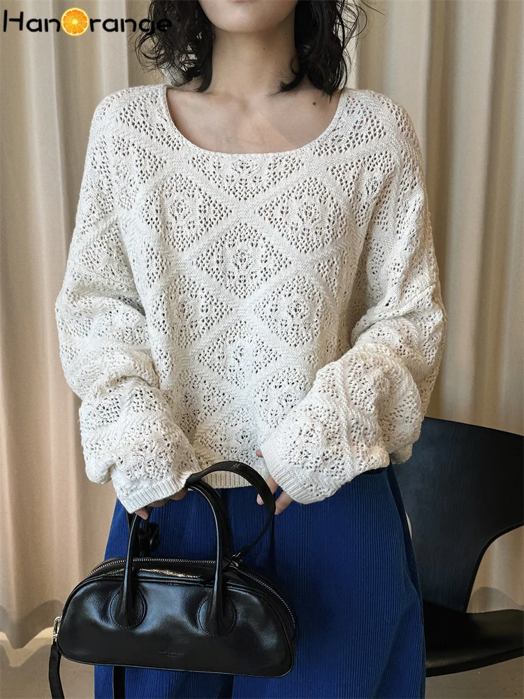 

HanOrange 2026 Весенний Простой Модный Вязаный Свитер-Худи с Квадратным Вырезом и Ажурной Вязкой, Женский Свободный Топ Белый/Желтый