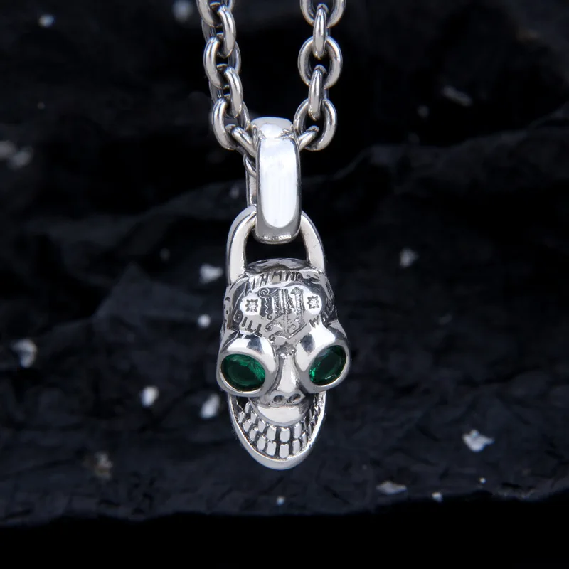 BOCAI  New 100% Pure S925 Silver Jewelry Personalized Letter Graffiti Skull Pendant Green Zircon Eyes Trendy Man Pendant