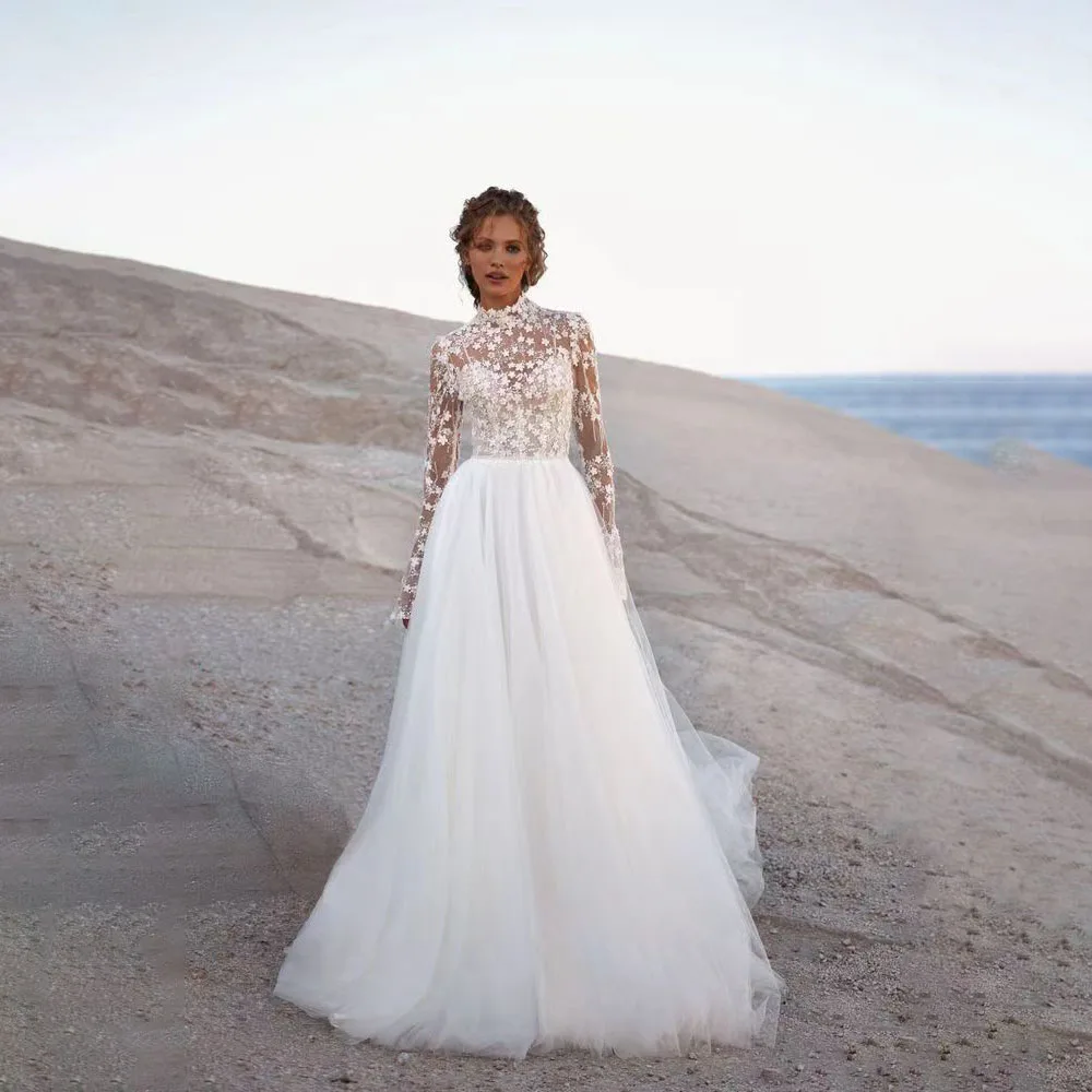 Elegant A Line Boho Bridal Gown For Women  High Neck Long Sleeve  Lace Appliques Wedding Dress Customized Princess Dresses