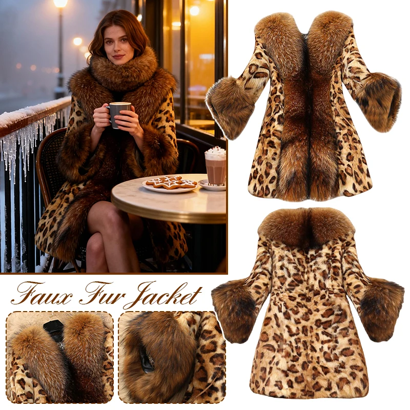 2025 nova jaqueta de pele de imitação gola de pele do falso clássico leopardo casaco de comprimento médio maré jaquetas casaco de moda de inverno para mulher