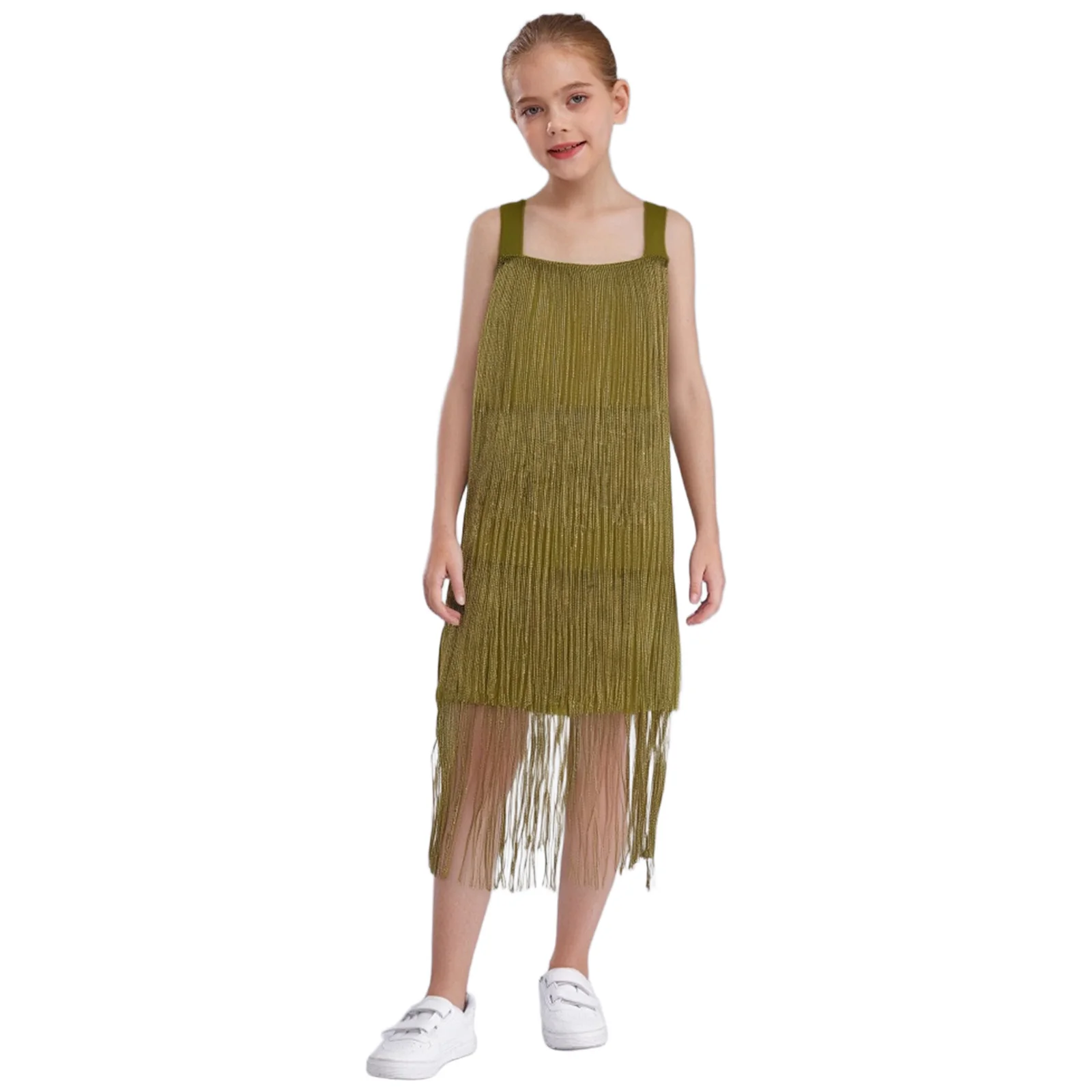 

Kids Girls Tiered Fringe Dress Sleeveless Straps Shimmering Tassel Daily Casual Dresses for Latin Dance Party Stage Performance
