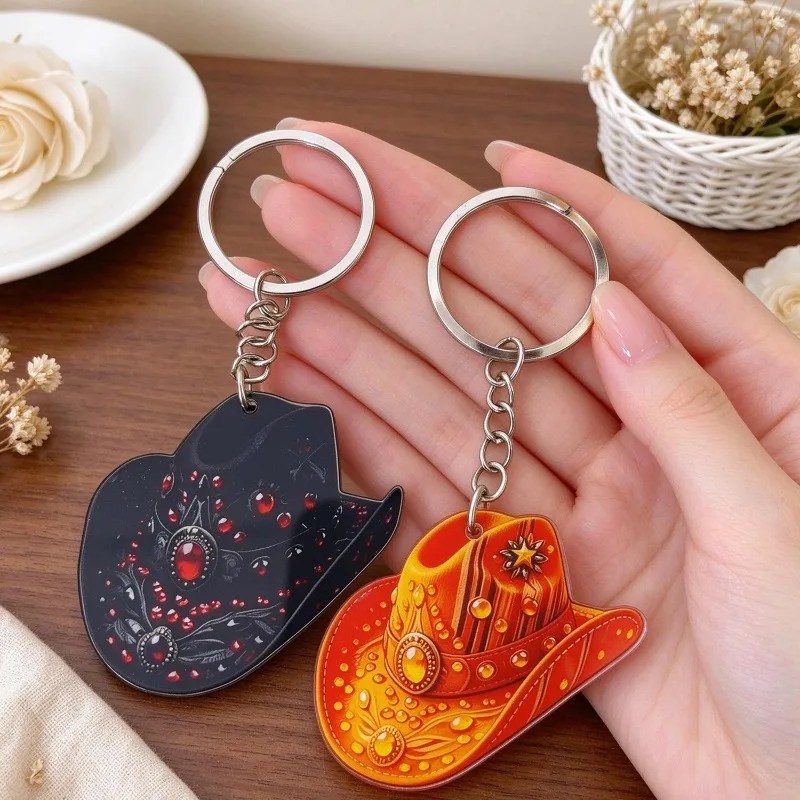 1/6Pcs 2D Flat Western Cowboy Hat Keychains for Women Men Funny Novel Backpack Hangings Cowgirl Hat Keyring Jewelry Accessories