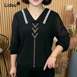 Middle Aged Women Fashion Rhinestone Chiffon Patchwork Elegant Blouses Spring Autumn Ladies Chic Long Sleeve Loose Pullover Tops