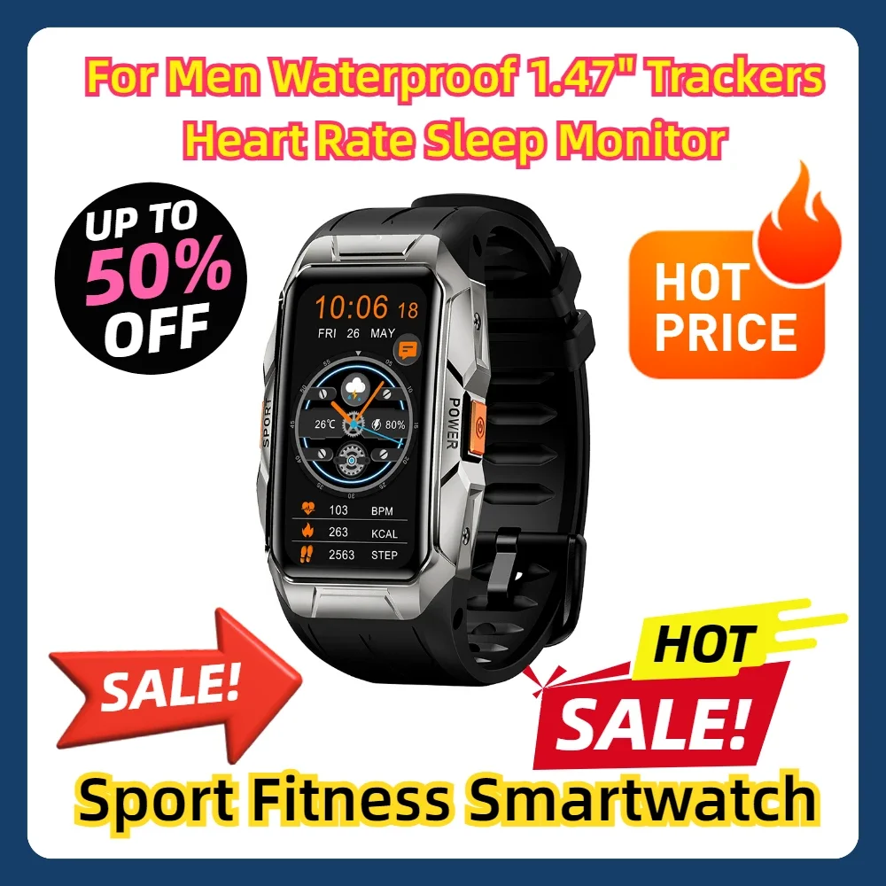 

For Men Waterproof 1.47" Trackers Heart Rate Sleep Monitor Sport Fitness Smartwatch Smart Watches