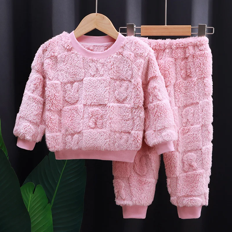 Baby Girls flannel Sleepwear Boys Long Sleeve Tops+Pants Suits Fashion Home Clothing Baby Kid Sleep Costume 2pcs Outfits Suit