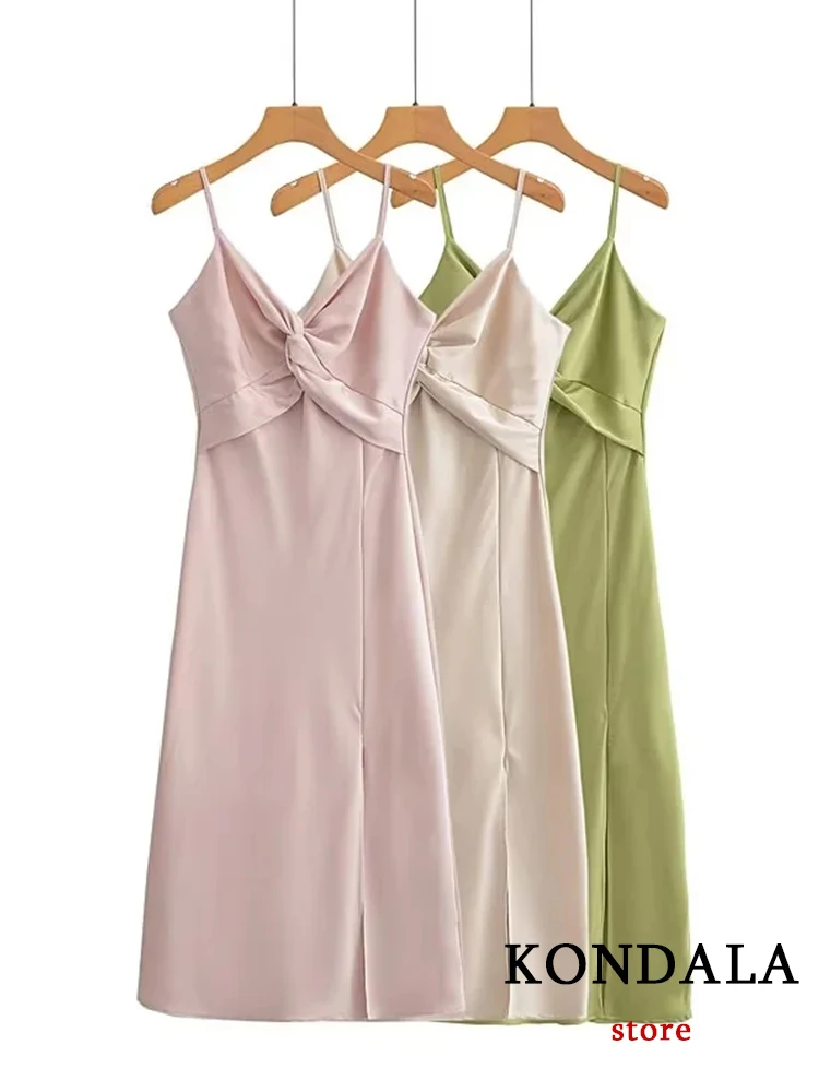 KONDALA Sexy Solid Satin Long Party Dress Women V Neck Corset Side Split Dress Female Fashion 2023 Elegant Zipper Straight Dress