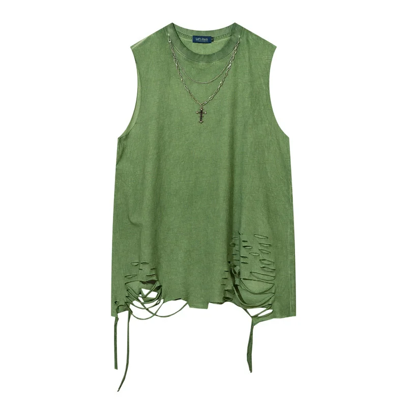 Hip Hop Tank Tops Men's Vintage Washed Sleeveless T-Shirt Hole Harajuku Dancing Breathable Tops with Necklace Streetwear