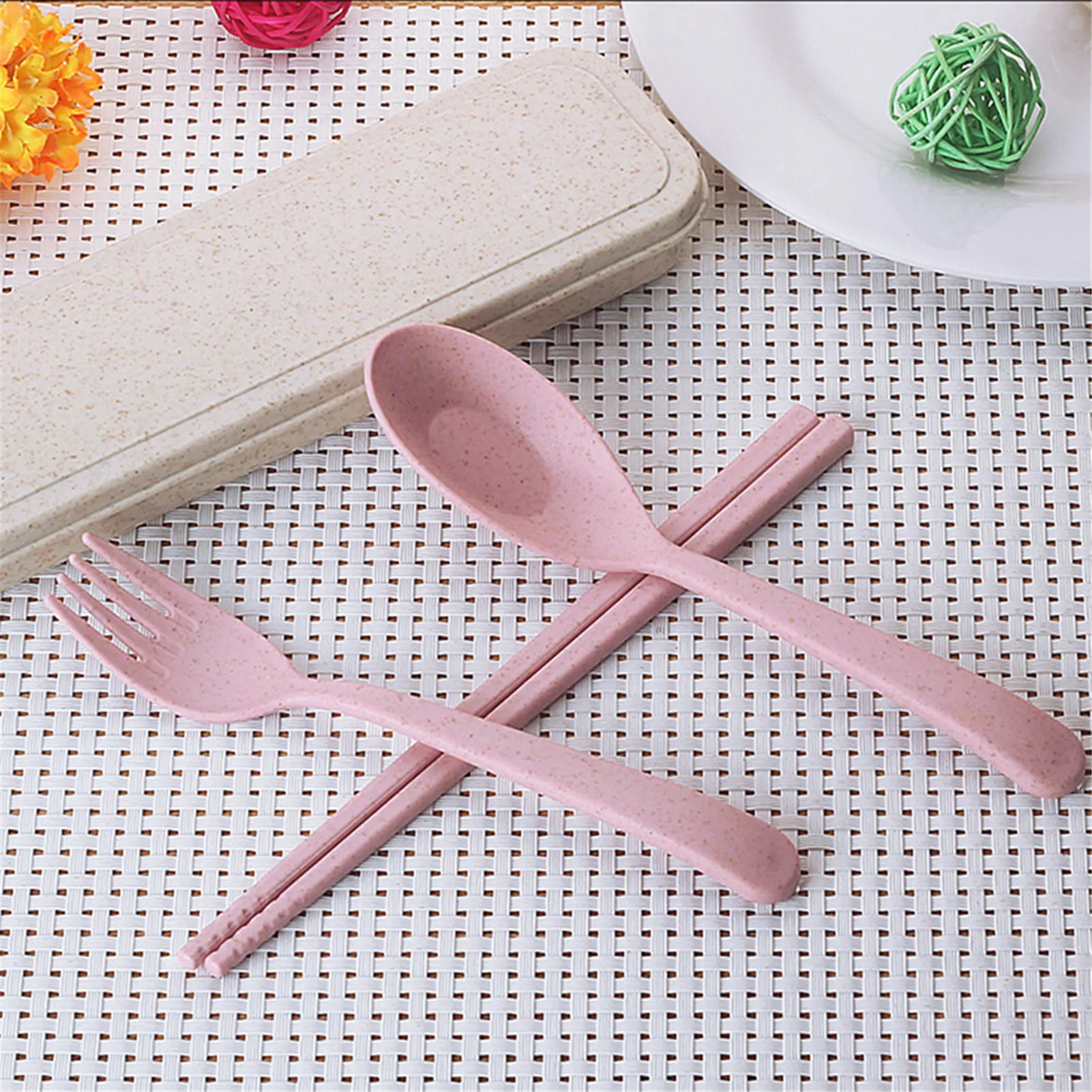 Wheat Portable Cutlery Set - Eco-Friendly Wheat Straw Spoon Chopstick Fork Tableware Three-piece Set