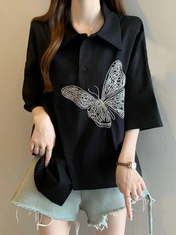 

Elegant Anti-Aging Embroidery Shoulder Length Short Sleeve Shirt Women's Summer New plus Size Irregular Top