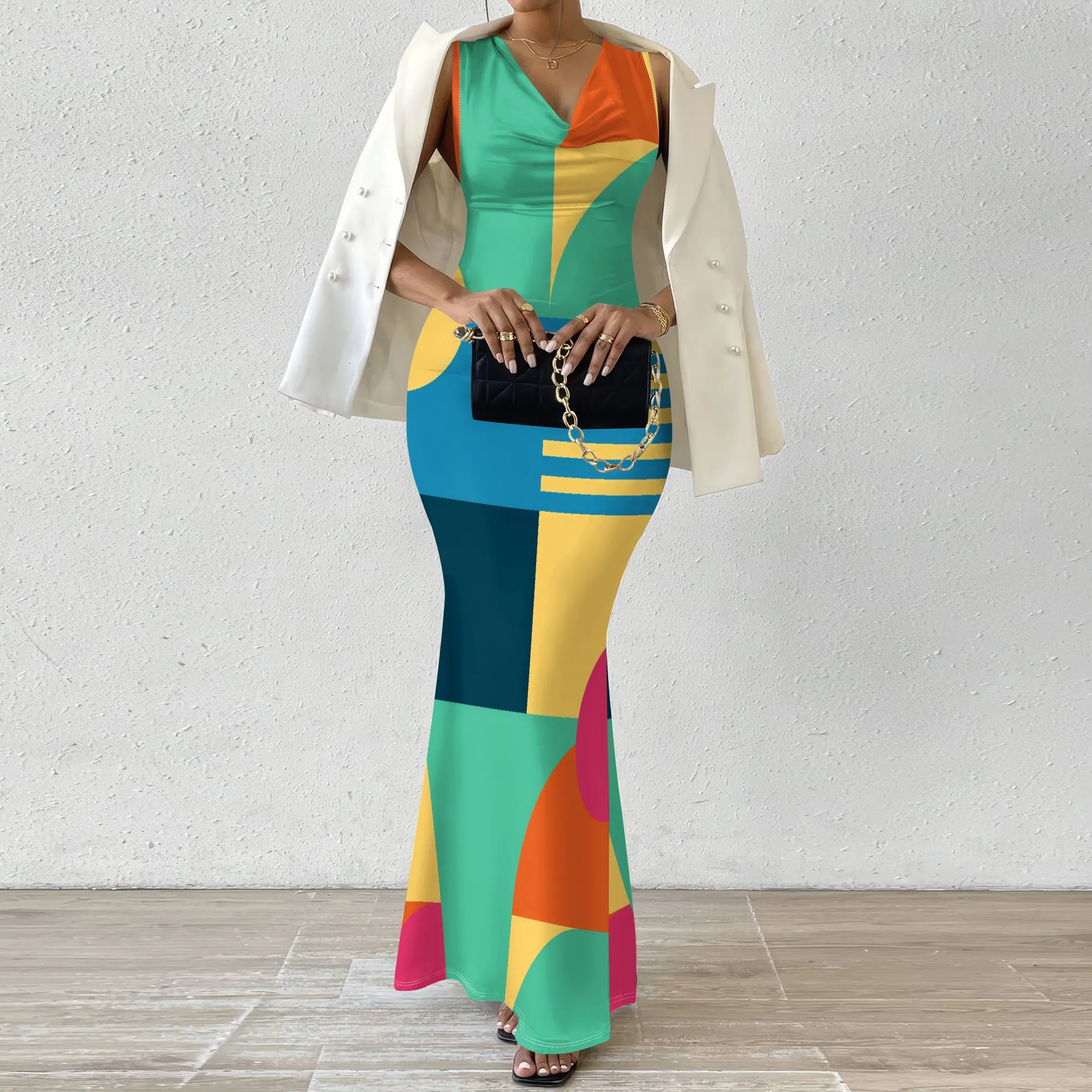 

V-Neck Bodycon Maxi Dress with Color Block Geometric Print, XS-2XL – Perfect for Cocktail Parties & Special Occasions