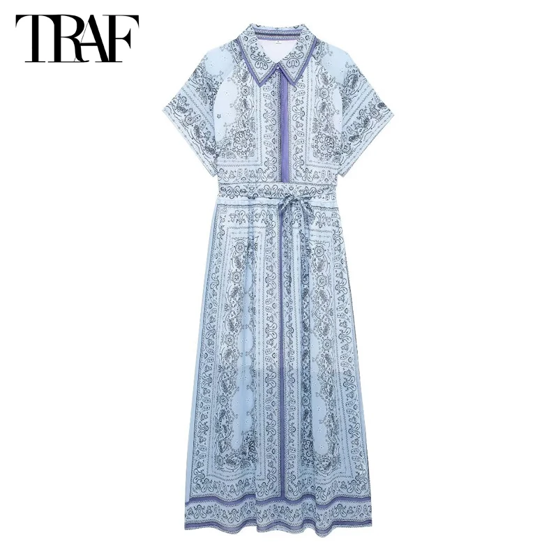 TRAF 2024 Print Shirt Dress Women Boho Chiffon Midi Dresses for Woman Short Sleeve Long Dress Woman Belt Women\'s Summer Dress