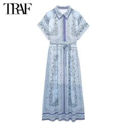 TRAF 2024 Print Shirt Dress Women Boho Chiffon Midi Dresses for Woman Short Sleeve Long Dress Woman Belt Women's Summer Dress