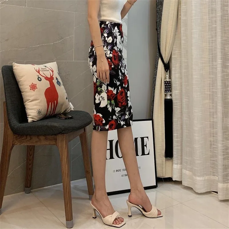 Gonna longuette estiva oversize per le donne Lavoro Stampa rosa Elastico in vita Gonne da ufficio vintage all'anca sexy con gonne divise Para Mujeres