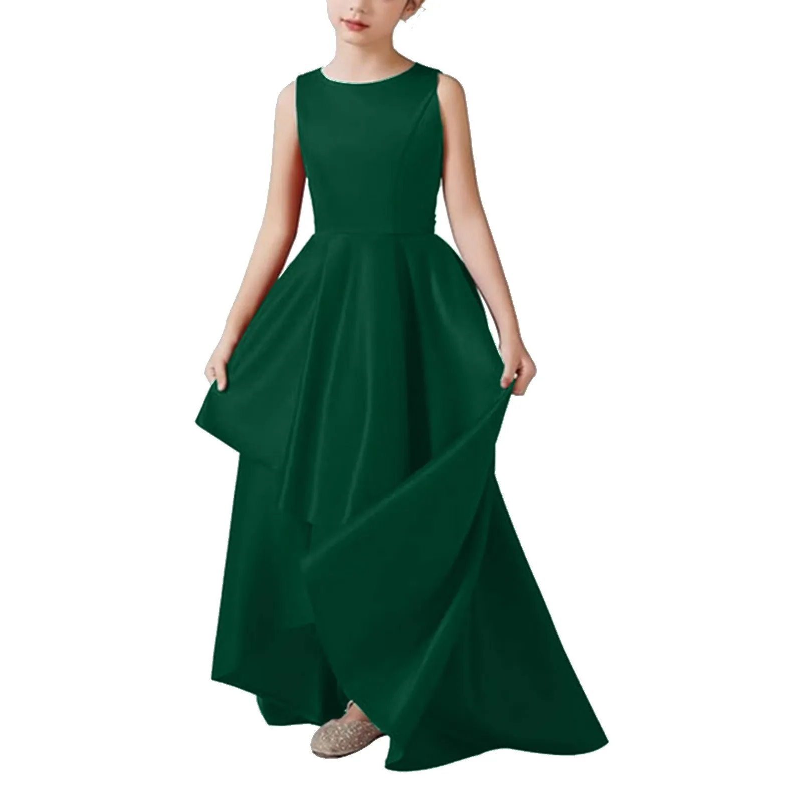 

Girls' SatinLong Dress Fashion Party Dresses Solid Color Sleeveless Round Neck Asymmetric Hem Gown Elegant Princess Dress