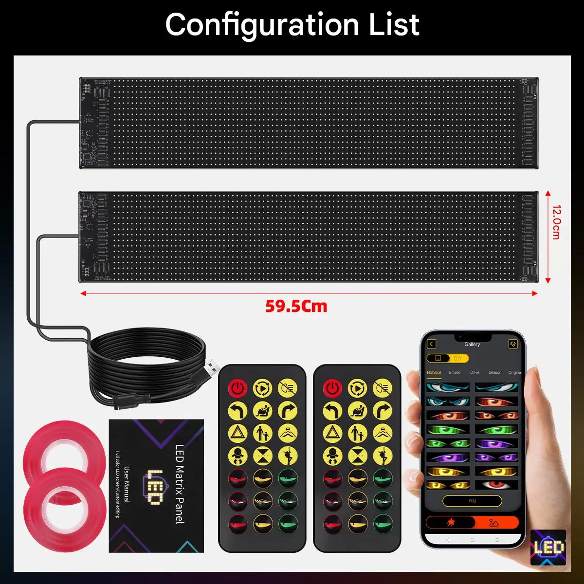LED لتقوم بها بنفسك مصفوفة بكسل لوحة ضوء USB مخصص النص نمط للبرمجة عرض Led عيون لشاحنة التمرير الإعلان 12x59.5cm
