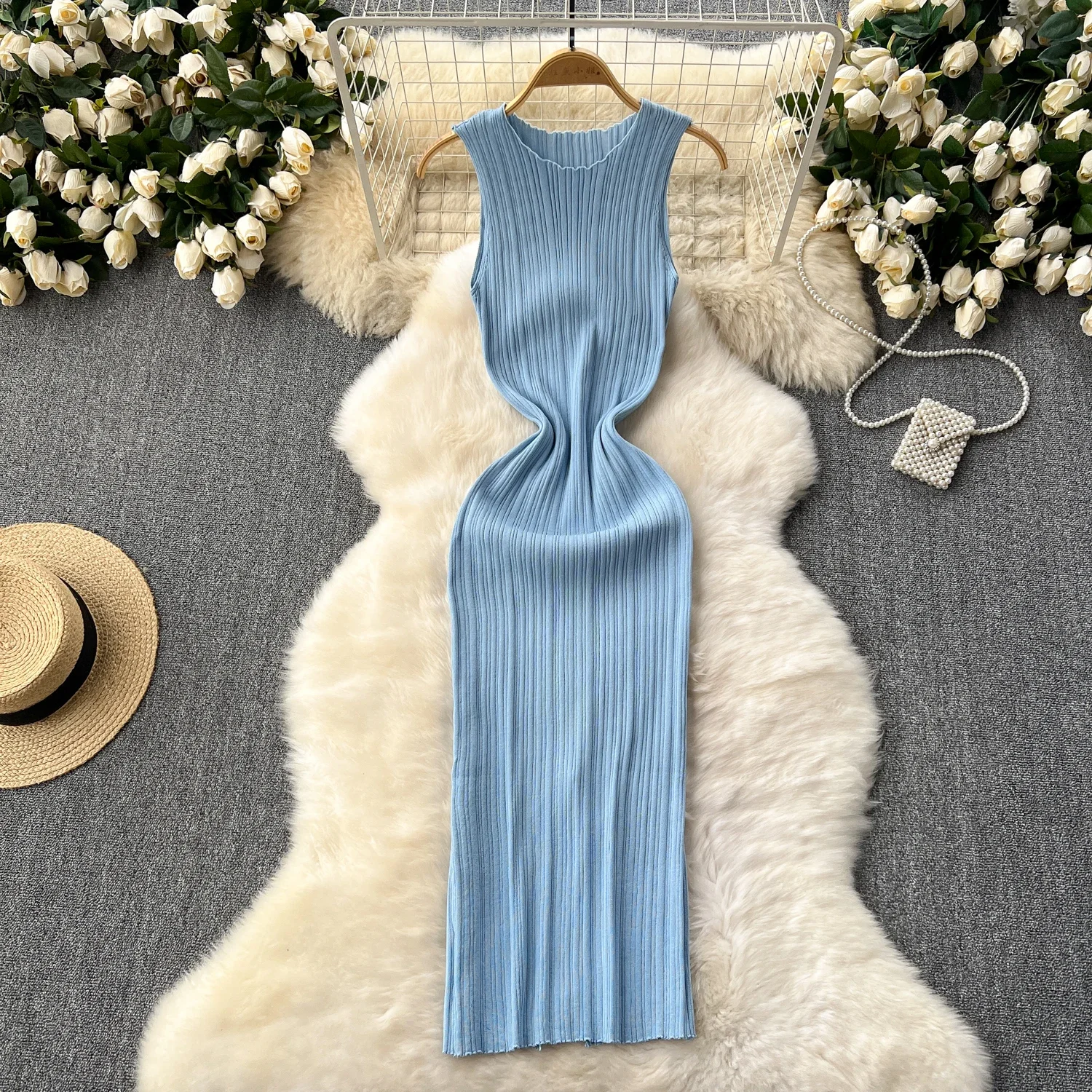2024 Abito estivo con cinturino sexy lavorato a maglia Canotta da donna Vita elastica aderente Vestito estivo da spiaggia femminile Abito lungo maxi solido