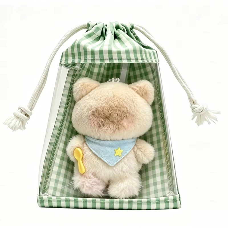 Sweet Gingham Plaid Drawstring Doll Display Pouch Transparent Window Portable Hanging Storage Bag Cute Doll Protective Carry Bag