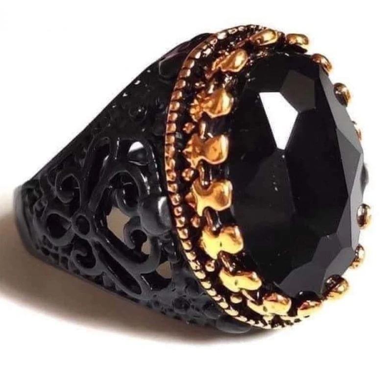 Copper Material Open Adjustable Ring Men\'s Black Oval Crystal Zircon High-end Finger Ring Party Wedding High-end Carved Jewelry