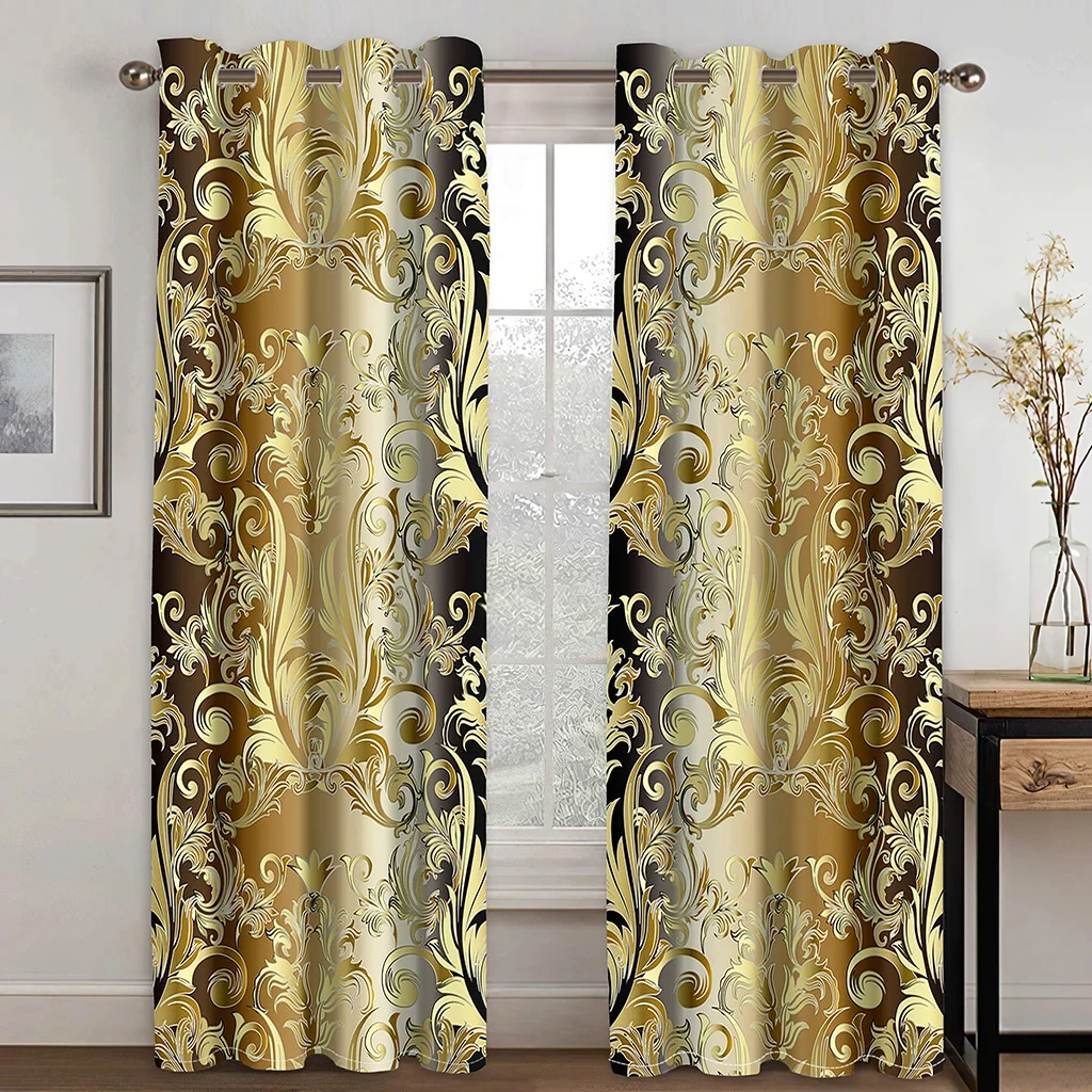 2pcs Golden Luxury Abstract Baroque Print Polyester Curtains for Bedroom Office Kitchen Living Room Window Treatment Home Decor