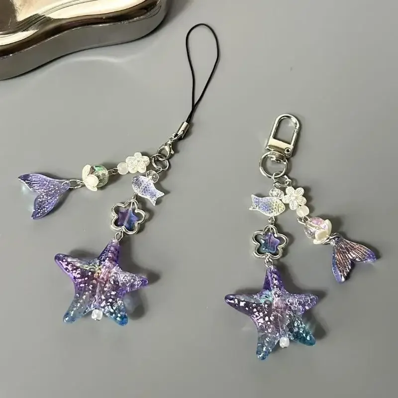 Cute Purple Starfish Fishtail Charm Phone Chain Earphone Case Decor Camera Strap