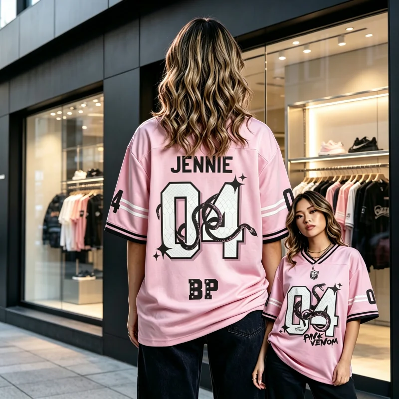 2026 Summer Women's Kpop Group Jennie 04 Pink Venom Football Jersey Breathable Short Sleeve T-Shirt Fans Casual Family Kids Tees