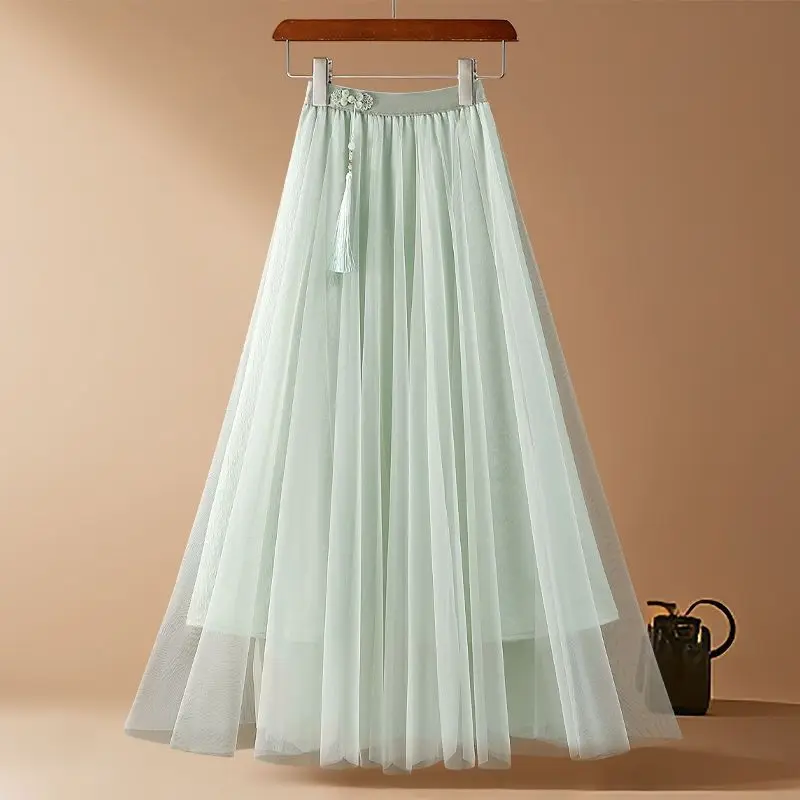 

Летняя юбка-сетка с высокой талией, эластичная, с кисточками и кружевом, в китайском стиле, для стройнящего силуэта, коллекция 2025