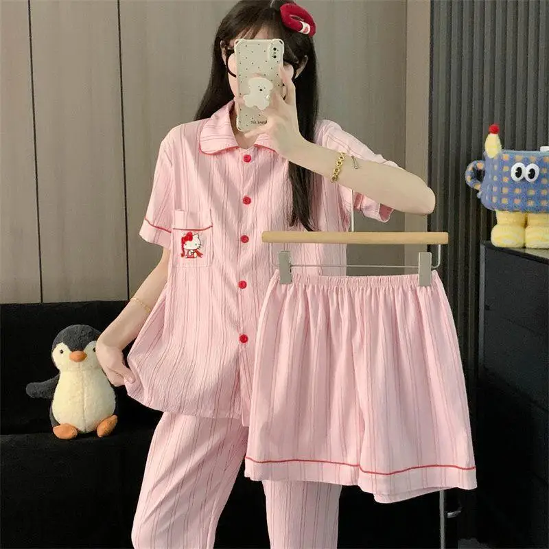 

Sanrio, пижамный комплект из 3 предметов, женский пижамный комплект Hello Kitty, хлопковый летний пижамный комплект для девочек с короткими рукавами, брюки, комплект домашней одежды