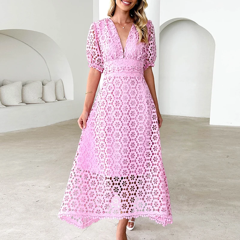 Women V Neck Puff Sleeve High Waist Dress New Sexy Hollow Out Slim Beach Long Dresses Summer Elegant Multicolour Lace Maxi Dress