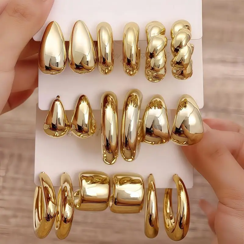 3 Cards Golden Earrings Set for Women, Chunky Hoop Stud Statement Earrings Multipack for Daily Party Gift