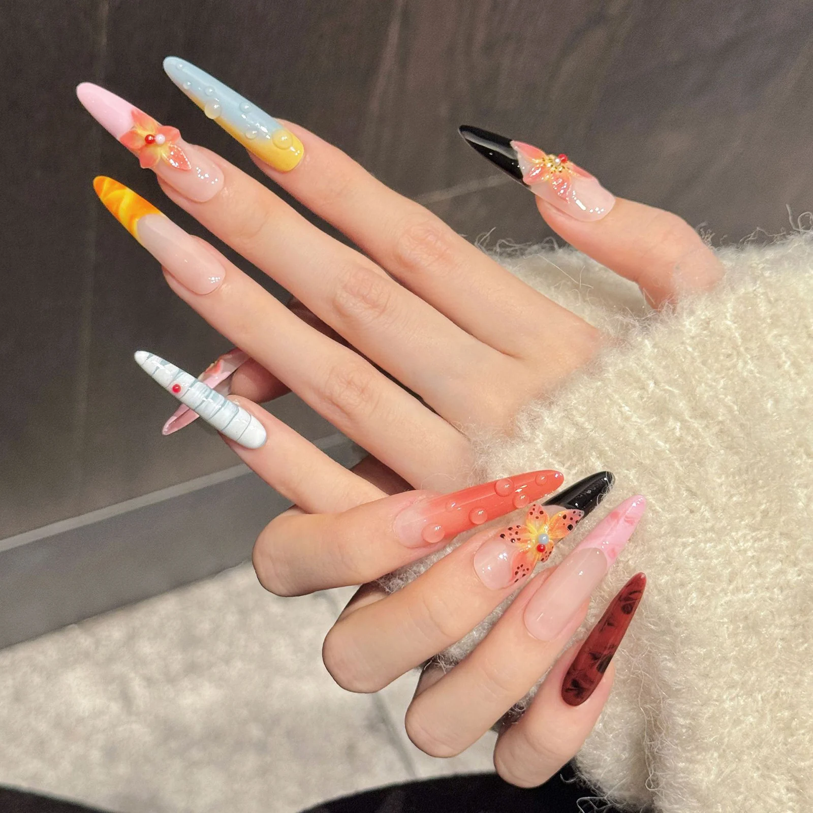 

10pcs Handmade Press On Nails 3D Water Drop Flowers Gradient False Nails Sweet Spicy Girls Island Style Design Fake Manicure Art