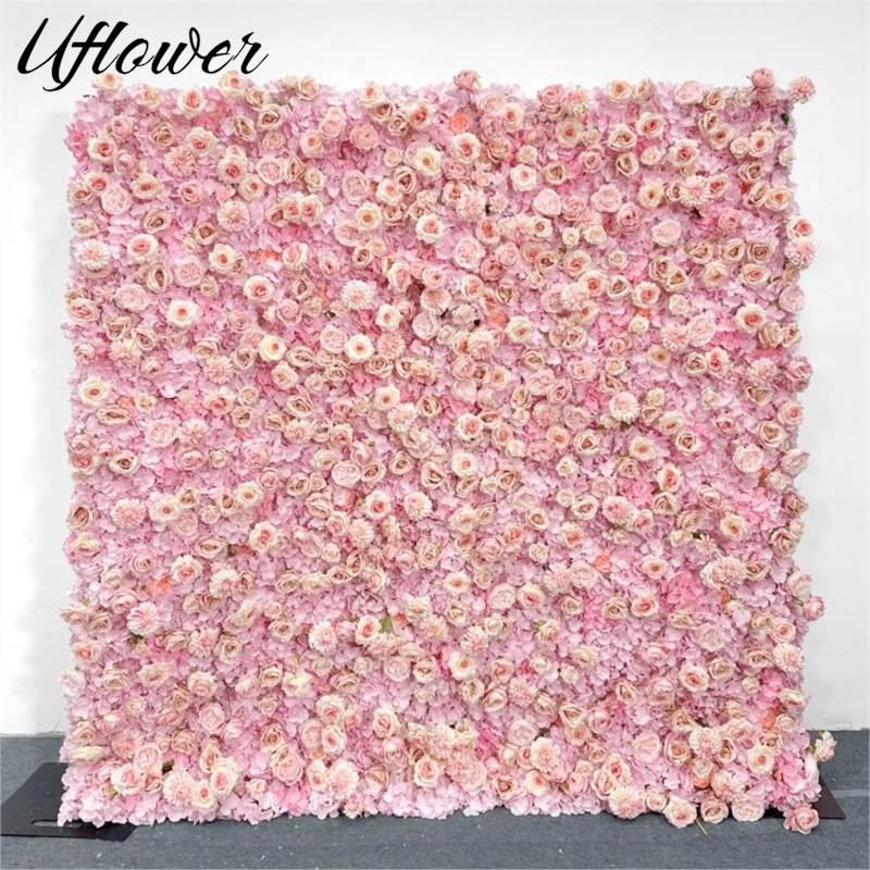 

Uflower Pink Rose Hydrangea Cloth Flower Wall Wedding Backdrop Fabric Hanging Curtain Floral Window Display Party Event Props