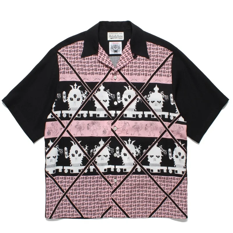 High quality WACKO MARIA Color blocking Fashion Printing Heaven Tokyo Hawaii Short Sleeve Shirt Men's and Women's Casual Tops