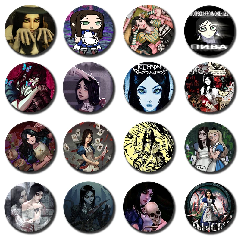 Horror Game Alice Madness Returns Lapel Pins Creative Cartoon Alice Liddell Brooch for Bag Shoes Cosplay Jewelry Badge Toys Gift