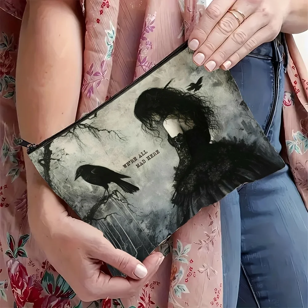 Bolsa de maquillaje de cuento de hadas oscuro, estampado de arte gótico y cuervo, organizador de viaje blanco/sin parabenos para cosméticos, aperitivos y monedas, 1 ud.