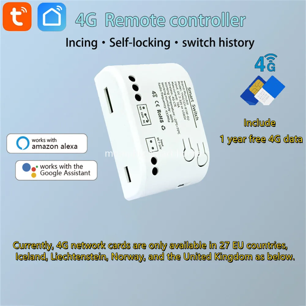 7-32V Tuya Smart 4G Switch Remote Control GSM Relay 4G Card Included 1 Year Free Data RF433MHz Inching Relay Alexa Compatible