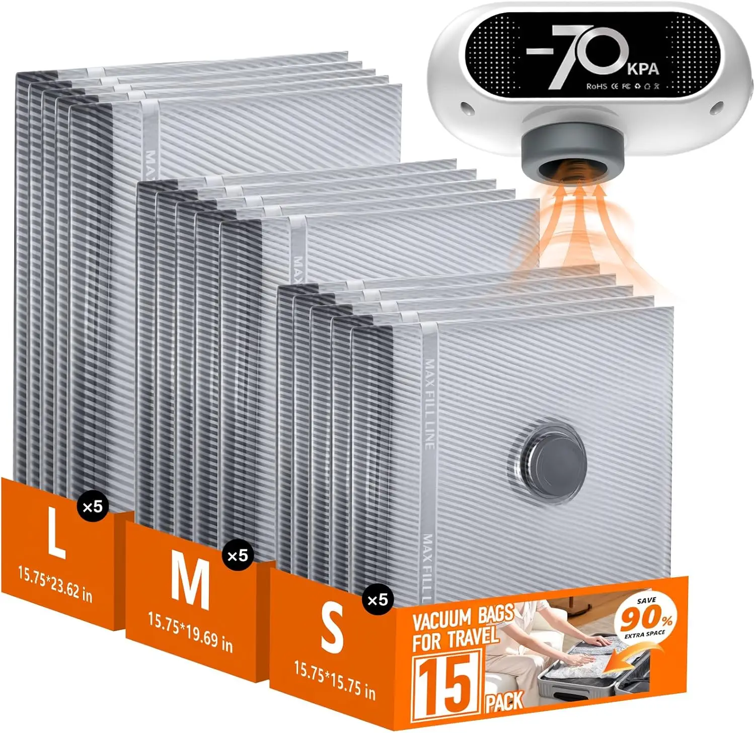 

Вакуумные пакеты для путешествий с беспроводным насосом, 15 штук, с мощным всасыванием -70 кПа, для хранения