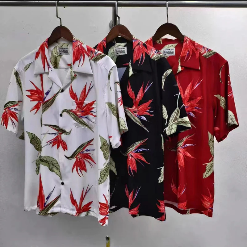 Black White Red New Paradise Bird Print Hawaii Beach Shirts Men Woman 1:1 Best Quality Loose Casual Lovers Top Tees