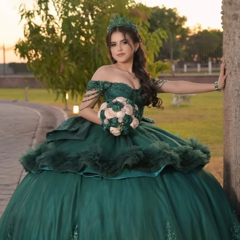 Dark Green Quinceanera Dres Sequin Crystal Decal Ruffle Long Tail off-shoulder Bow Vestidos De 15 Quinceanera ﻿Customize
