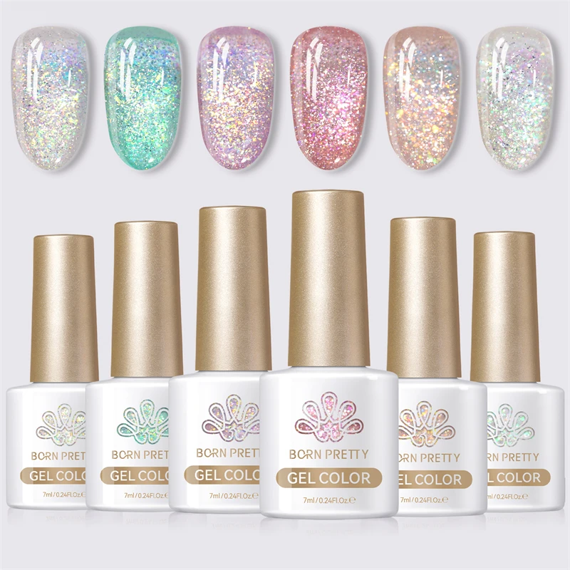 BORN PRETTY 6本入り 7ml クラッシュスターライト 反射グリッタージェルネイルポリッシュ グリッター ソークオフ UVジェル マニキュア ネイルアート ワニス