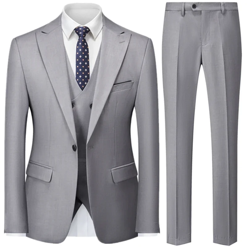 Men\'s Solid Color Business Suit Sets Coat / 2023 Male Solid Color Casual 3 Pcs Wedding Prom Dress Blazers Jacket Vest Pants