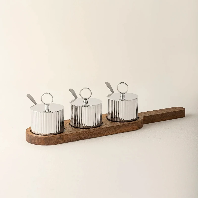 Striped Stainless Steel Spice Jar Table Seasoning Container with Spoon Kitchen Storage Pot Dining Table Condiment Organizer