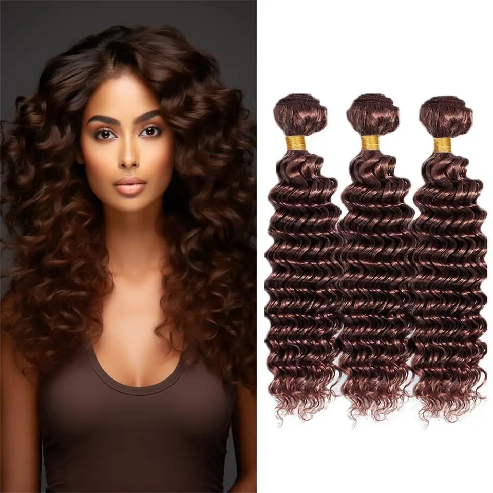 4# Human Hair Bundles Water Curly Human Hair Weave 1 3 4 Bundles Deal Remy Hair Extension for Black Women Chocolate Brown Color