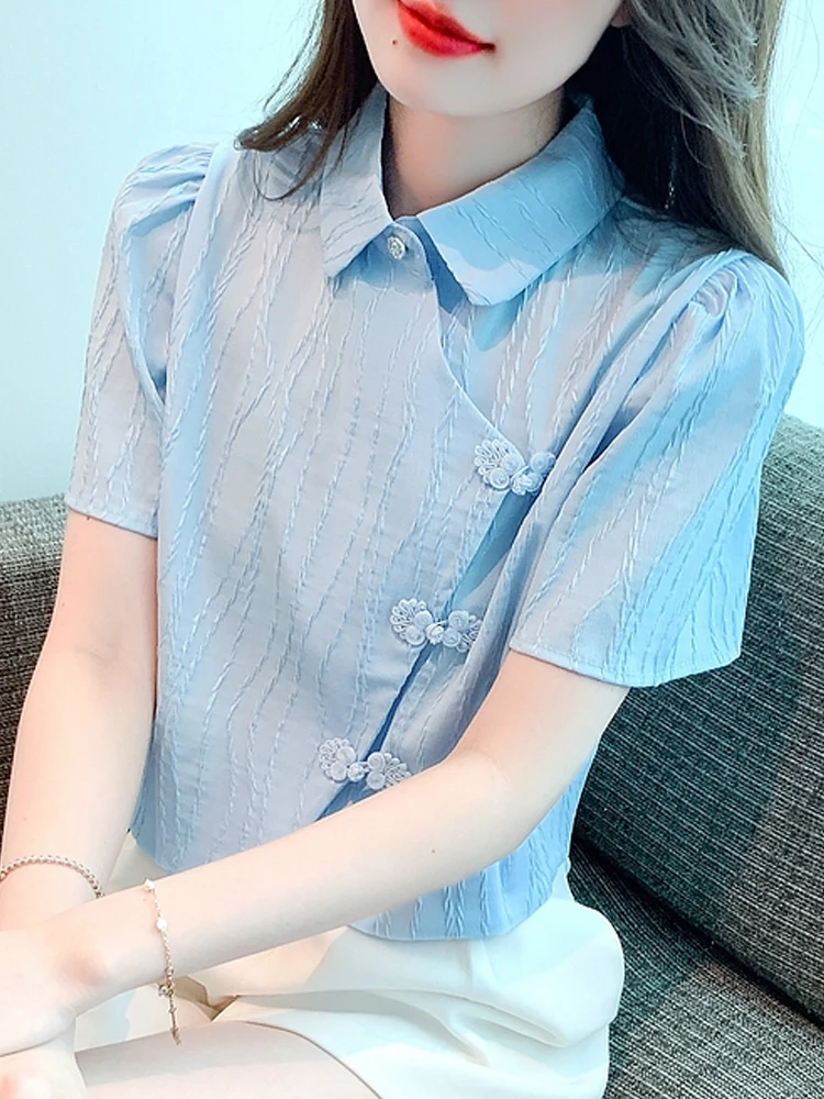 

Блузка женская шифоновая с отложным воротником, топ, рубашка с коротким рукавом, лето 2024