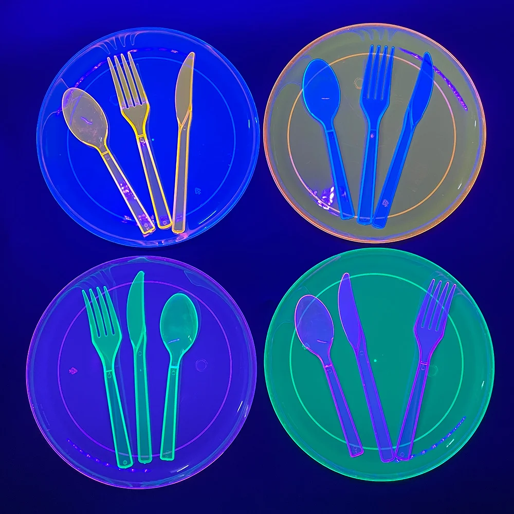 

Glow in the Dark Party Supplies UV Black Light Reactive Disposable Plates Cutlery Neon Birthday Decorations for Kids Forks Spoon