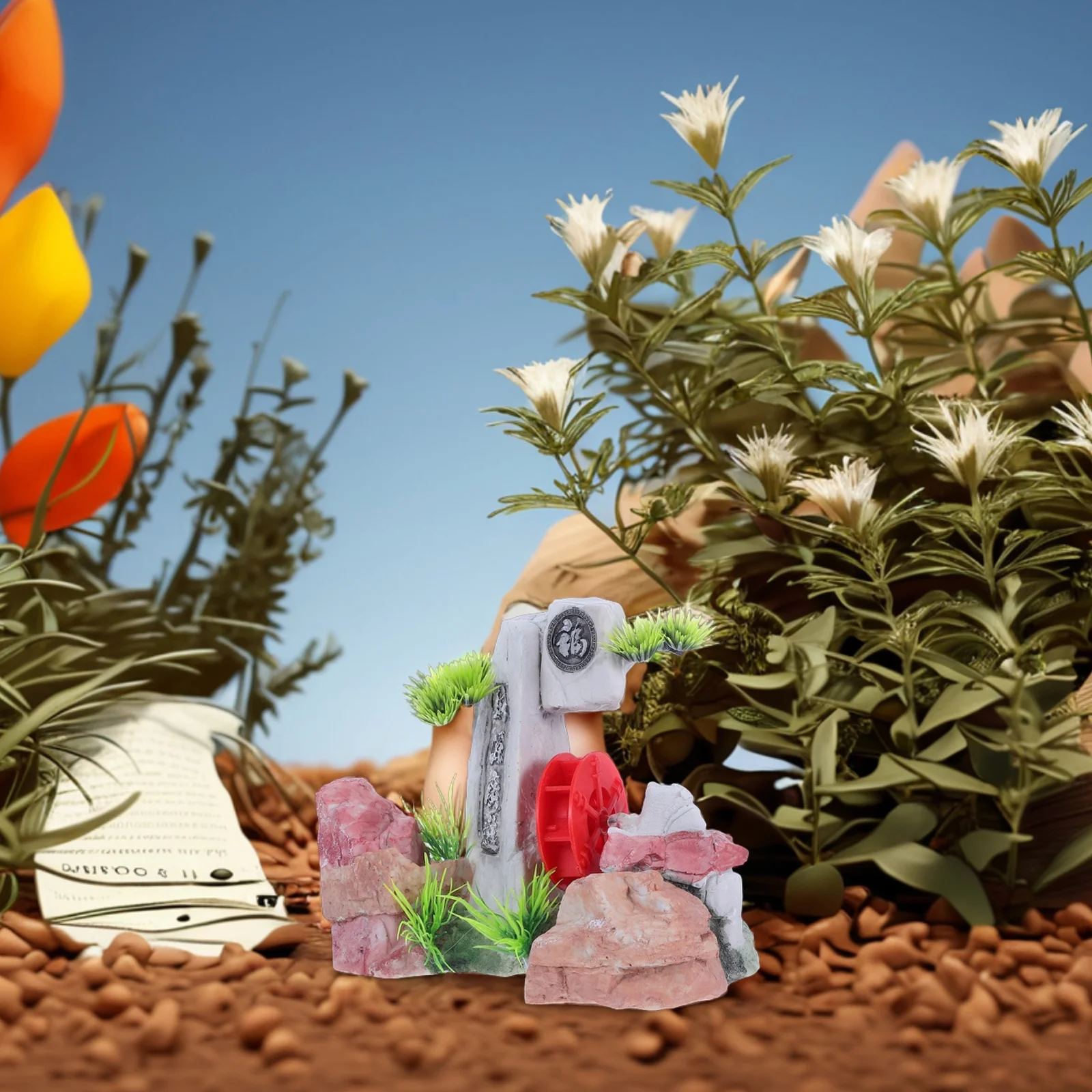 

Small Water Wheel Feng Shui Decor For Aquarium Fish Tank Resin Rockery Ornament Unique Simulation Mountain Mini Shelter