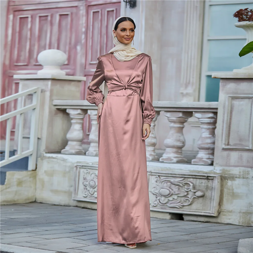 Fashion Muslim Kimono Abaya Ramadan Dress Dubai Turkey Eid Islamic Loose Comfortable Elegant Satin Surface Dresses for Women