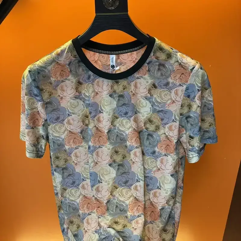 Men's Vintage Rose Floral Mesh T Shirt Crew Neck Short Sleeve Slim Casual Tops