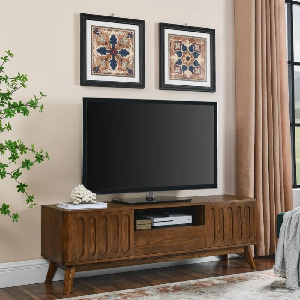 

Mid Century Modern TV Stand for 65 inch TVs - Farmhouse Wood Entertainment Center with 2 Doors & 1 Drawer,Sturdy Solid Wood Legs