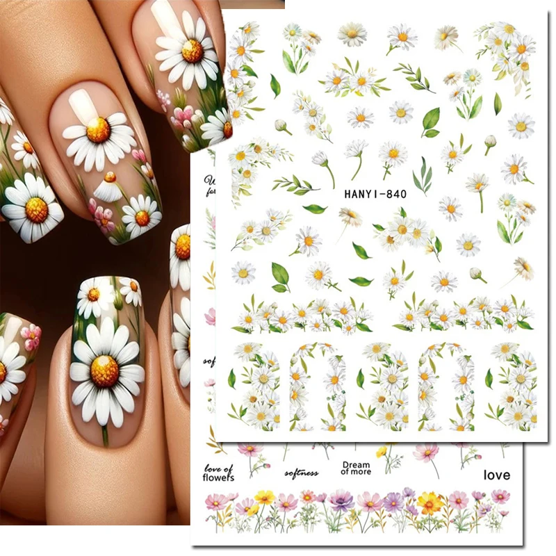 

3d Nail Art Stickers Spring White Daisy Purple Yellow Pink Gesang Flowers Sliders Nails Decals Decorations For Manicures