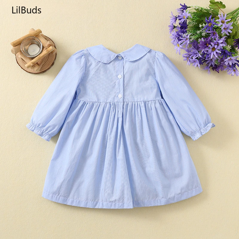 2024 Girl Long Sleeve Clothes Children Pattern Doll Collar Blue Paid Dress Cherry Embroidered Cartoon Matching Spring and Autumn